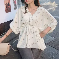 フレア シャツブラウス レディース 夏服 ボリューム袖 柄シャツ トップス 着やせ ゆったり Vネック シフォンブラウス パフスリーブ カジュ