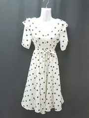 ◇ dazzlin ドット柄 ウエストリボン バックファスナーフリル 五分丈 膝丈 ワンピース サイズS ホワイト レディース E  【1307260058789】