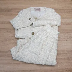 ◇ DressLab ツイード フォーマル 入学式 ラウンドネック ひざ丈 W セットアップ サイズS ホワイト レディース E  【1307260061932】