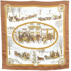 本物 エルメス HERMES スカーフカレ カレ90 The Bull & Mouth Regent's Circus 郵便馬車 スカーフ ショール シルク ブラウン 服飾小物 中古  