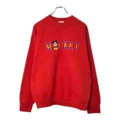 90年代 USA製 Disney ディズニー ミッキーマウス 青パン スウェット キャラクター レッド(メンズ LARGE)中古 古着 X0152
