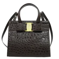 本物 サルヴァトーレ フェラガモ Salvatore Ferragamo ヴァラ リボン 2WAY ショルダーバッグ ハンドバッグ クロコダイル型押し レザー ブラウン バッグ 中古 