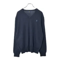 Polo by Ralph Lauren ポロ ラルフローレン ワンポイントロゴ Vネック コットンニットセーター ネイビー(メンズ L)中古 古着 X0156