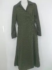 ◇ ◎ SHIPS any レトロ 総柄 ラップ巻き 長袖 膝下丈 ワンピース サイズF ダークグリーン キャメル系 マルチ レディース P  【1308010005589】