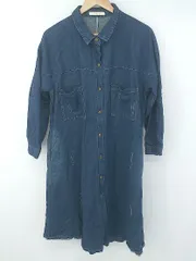 ◇ Dream garden デニム ダメージ加工 長袖 膝下丈 シャツ ワンピース サイズM ネイビー系 レディース P  【1308040000448】