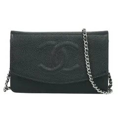 本物 シャネル CHANEL ココマーク チェーン ショルダーウォレット 長財布 キャビアスキン レザー ブラック Coco Mark 財布 ウォレット 中古・