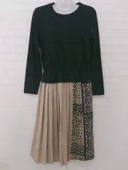 ◇ Three Four Time レオパード 切替 プリーツ 長袖 ロング ワンピース ブラック ベージュ レディース P  【1308040008987】