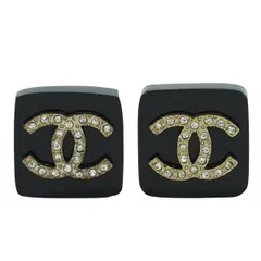 本物 シャネル CHANEL ココマーク ラインストーン イヤリング プラスチック GP ゴールド メッキ ブラック アクセサリー ジュエリー 中古 