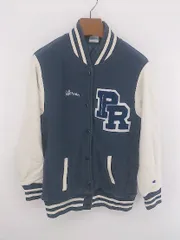 ◇ Champion REVERSE WEAVE チャンピオン 刺繍 ワッペン 長袖 スタジャン サイズM ネイビー アイボリー系 レディース P  【1308040010430】