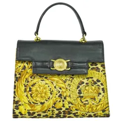 本物 ジャンニ ヴェルサーチ GIANNI VERSACE レオパード柄 ハンドバッグ PVC レザー イエロー ブラック バッグ 中古 