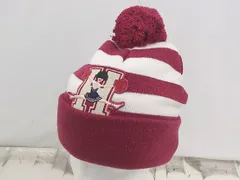 ◇ TOMMY HILFIGER ラメ 刺繍 ボーダー ポンポン ニット帽 バーガンディ ホワイト系 サイズL/XL レディース P  【1308040011659】