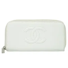本物 CHANEL シャネル ココマーク ラウンドファスナー 長財布 ロングウォレット キャビアスキン レザー ホワイト系 Coco Mark 財布 ウォレット 中古 