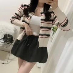 新品 バイカラー ボーダー柄 ニット カーディガン