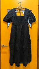 【H2-93】◇ UNIQLO/ユニクロ　XSサイズ　リネンブレンド　シャーリングワンピース　黒色　無地