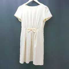 ◇ NATURAL BEAUTY BASIC バックファスナー リボン 裏地あり 半袖 ひざ丈 ワンピース サイズM イエロー レディース E  【1308160018248】