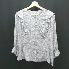◇ any SiS 総柄　フリル フロントボタン 透け感 長袖 ブラウス シャツ サイズ2 ライトブルー/グレー レディース E  【1308160026236】