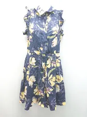 ◇ ZARA BASIC Z1975DENIM 花柄 トロピカル フリル 膝丈 ワンピース サイズS ネイビー/イエロー レディース E  【1308160024928】