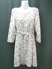 ◇ ◎ OFUON バックファスナー ラウンドネック 花柄 透け感なし 長袖 ロング ワンピース サイズ38 ホワイト系 レディース E  【1308160037775】