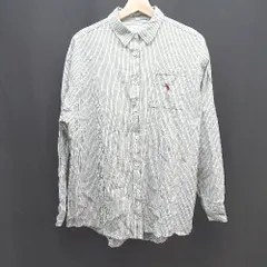 ◇ U.S. POLO ASSN. フロントボタン ストライプ柄 ブランドマーク 刺繍 長袖 シャツ サイズF グリーン ホワイト メンズ E  【1308160043080】