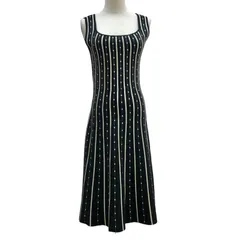 ZK22【美品】Sov. ノースリーブワンピース 総柄 黒×クリーム色ストライプ×白ドット サイズ38