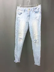 ◇ AZUL BY MOUSSY ジップフライ ダメージ加工 カジュアル デニムパンツ サイズM ライトブルー レディース E  【1308160052396】