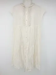 ◇ Samansa Mos2 リネン混 刺繍 セーラーカラー フレンチスリーブ 膝下丈 ワンピース サイズF アイボリー系 レディース P  【1308160072875】