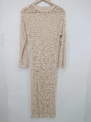 ◇ Aunt Marie's 透かし編み レーヨン とろみ感 長袖 膝下丈 ワンピース サイズF ライトベージュ系 レディース P  【1308160073414】