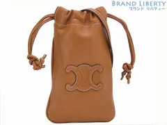 【超美品】セリーヌ　CELINE　キュイル トリオンフ　ドローストリング　モバイルポーチ　巾着型　スマートフォンケース　フォンポーチ　ポシェット　ショルダーバッグ　ショルダーポーチ　タン ブラウン　ラムスキン　10L163ETK.04LU