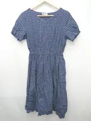 ◇ AFTERNOONTEA WARDROBE ギンガムチェック ウエストゴム 半袖 膝下丈 ワンピース サイズMR ネイビー ブルー レディース P  【1308160084373】