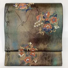 中古品　六通名古屋帯　刺繍柄　芯入り　正絹R217