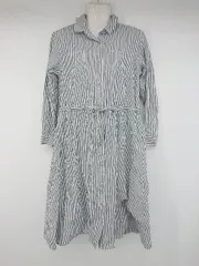 ◇ SM2 ストライプ コットン100% 長袖 膝下丈 シャツ ワンピース サイズF ネイビー ホワイト系 レディース P  【1308240003003】