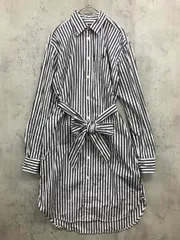 美品 POLO RALPH LAUREN ポロ ラルフローレン ストライプ ウエストリボン ロゴ刺繍 シャツ ワンピース size０/白/黒 ■■◎レディース