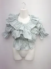 ◇ NICE CLAUP ストライプ フリル ペプラム 七分袖 ブラウス カットソー サイズF ホワイト グリーン系 レディース P  【1308240018069】