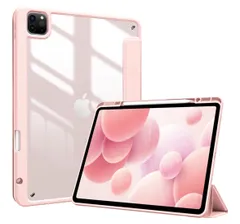 ProCase iPad Pro 12.9 ケース 第6/5/4/3世代に適用（2022 2021 2020 2018) 透明 クリアバックカバー ペン収納 耐衝撃 三つ折り スタンド スマートカバー - ピンク