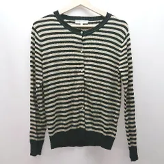 ◇ grove Uネック ケーブル 薄手 ボタン ボーダー柄 ストレッチ 長袖 カーディガン サイズM ブラウン レディース E  【1308290006603】