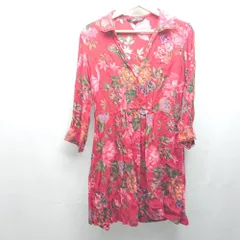◇ ZARA WOMAN ザラウーマン Vネック 花柄 おしゃれ 長袖 ミニ丈 ワンピース サイズUSA Ｍ レッド レディース E  【1308290018415】