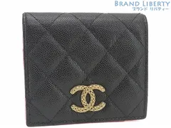 【外超美品】シャネル　CHANEL　マトラッセ　ココマーク　キャビアスキン　スモールウォレット　二つ折り財布　コンパクト財布　ブラック ピンク  グレインドカーフスキン　AP3185