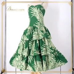 フラダンス 衣装 ワンピース ドレス グリーン系 CC Fashions ハワイ製 キャミソール モンステラ柄 プルメリア柄 ハワイアンプリント アロハ ハワイアン フラ ダンス レッスン 練習 植物柄 華やか おしゃれ 上品 かわいい 大人っぽい フリル