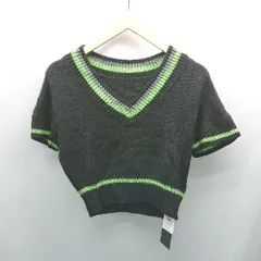 ◇ ◎ ●未使用● miette Vネック ケーブル ショート丈 半袖 ニット セーター サイズF ブラック グリーン レディース E  【1308290021842】