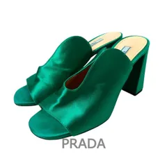 美品 PRADA プラダ サンダル ミュール サテン オープントゥ ハイヒール チャンキーヒール グリーン サイズ35 約22㎝ レディース 古着 中古