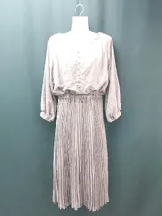 ◇ natural couture 裏地 ウエストゴム Vネック 切り返し 長袖 ロング丈 ワンピース サイズF パープル レディース E  【1308290028414】