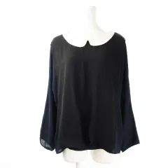 ローリーズファーム LOWRYS FARM ブラウス 襟付き ラウンドカラー 長袖 切替 シフォン 透け感 配色 バイカラー L 黒 ブラック 紺 ネイビー /CK23