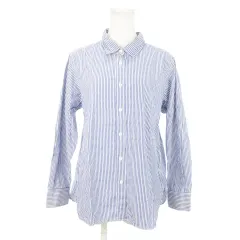 ニコアンド Niko and.. シャツ ブラウス レギュラーカラー 長袖 ゆったり 裾ラウンド カジュアル コットン ストライプ M 青 ブルー /AH11