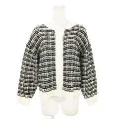 ドレスキップ DRESKIP カーディガン ニット クルーネック 長袖 ゆったり ガーリー チェック M 黒 ブラック モノトーン /MN9