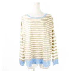 ユナイテッド・カラーズ・オブ・ベネトン UNITED COLORS OF BENETTON ニット セーター ラウンドネック 長袖 滑らか ツヤ感 ストレッチ ゆったり M ボーダー ベージュ /CK7