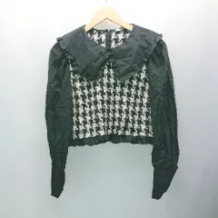 ◇ ZARA ザラ フリル 千鳥柄 ビック襟 バックファスナー 長袖 カットソー サイズS ブラック/ホワイト レディース E  【1308290031940】