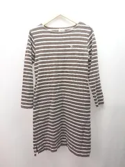 ◇ Arnold Palmer ボーダー柄 クルーネック スリット 長袖 膝丈 ワンピース サイズL ブラウン ホワイト レディース E  【1308290036587】