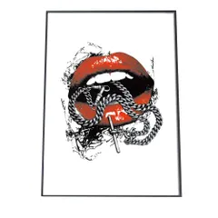 【A4サイズ（約21x30cm）】【pbg-poster-1070】アートプリント ポスター インテリア アート ペイント 絵具 白 黒 モノクロ モノトーン 油絵 リビング 玄関 絵画 オイル モダン 不思議 シンプル 赤 リップ 唇 特大 小さい 縦