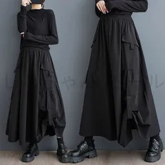 モード系　ブラック ゴムウエスト Aライン ロングデザインスカート 個性