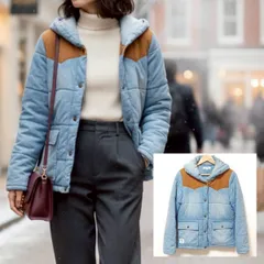 秋冬の主役◎【TOMMY】トミーヒルフィガー 中綿 ジャケット コート アウター デニム コットン混 ショールカラー コーデュロイ ウエスタン調 バイカラー 防寒 厚手 ブルー レディース サイズM/M40761jF